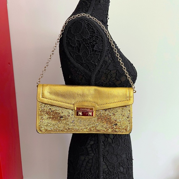 COLE HAAN Minetta Gold and Sequin Baguette Style Bag - Picture 1 of 12